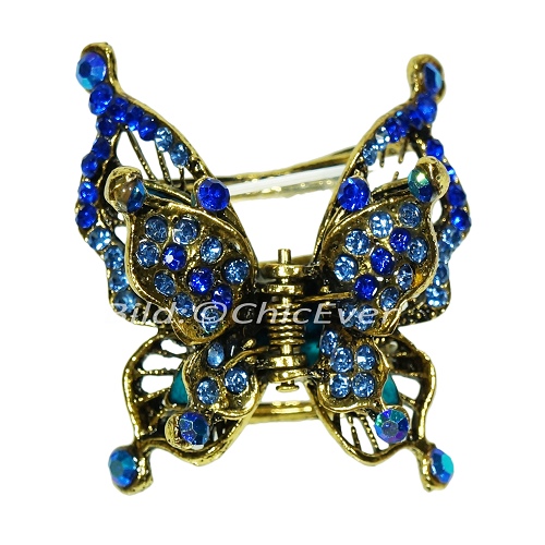 Haargreifer Schmetterling Vintage Haarkneifer Haarklammer Metall & Strass blau türkis gold 5120c - zum Schließen ins Bild klicken